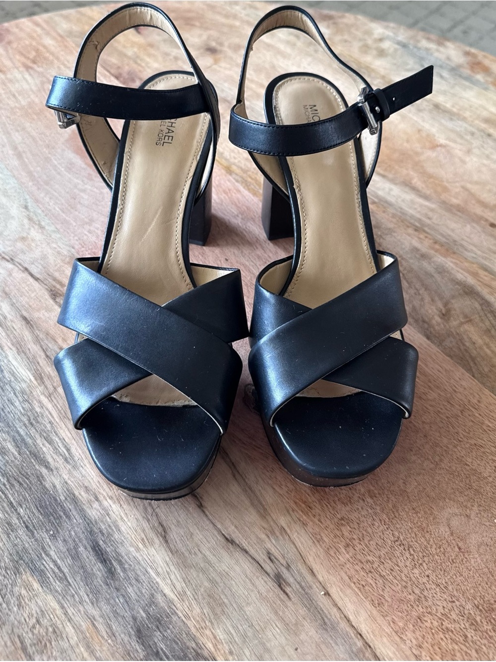 Michael Kors Black Leather Crisscross Block Heel Sandals with Ankle Strap